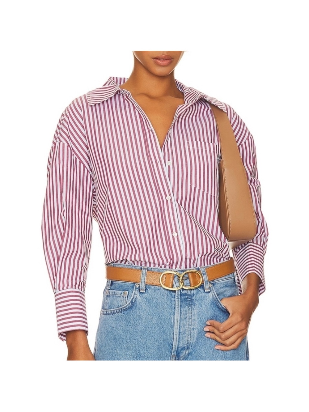Anine Bing Striped Button-Down Shirt (Mika style) in Wine and White Medium
